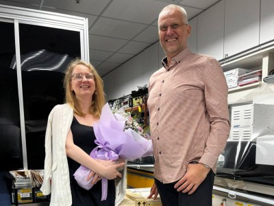 Dr. Kseniia Sergeeva and Prof. Andrey Rogach celebrating Kseniia's successful PhD defense | August 2025