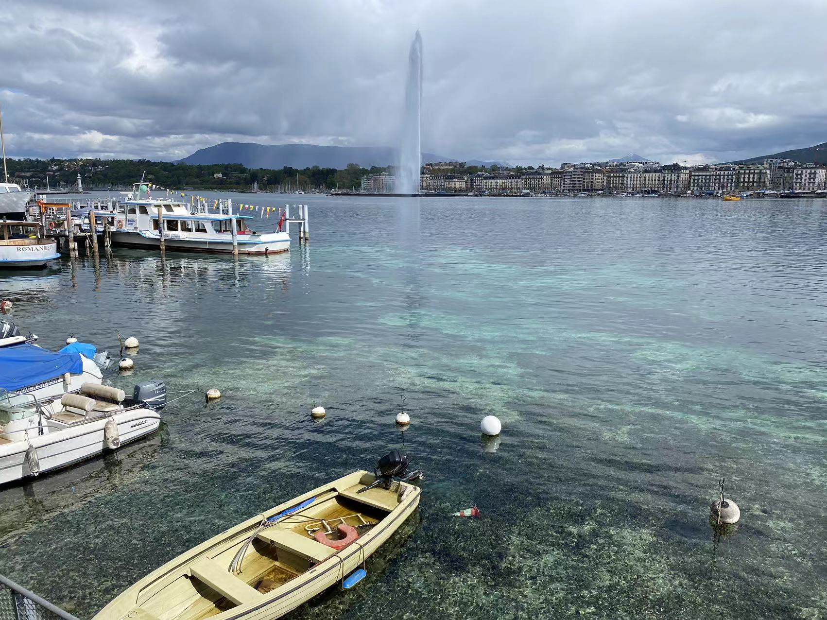 Lake Geneva view with Jet d'Eau and city skyline